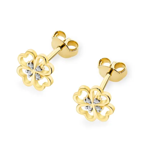 Złote kolczyki koniczynki z brylantami 0,04ct K0049