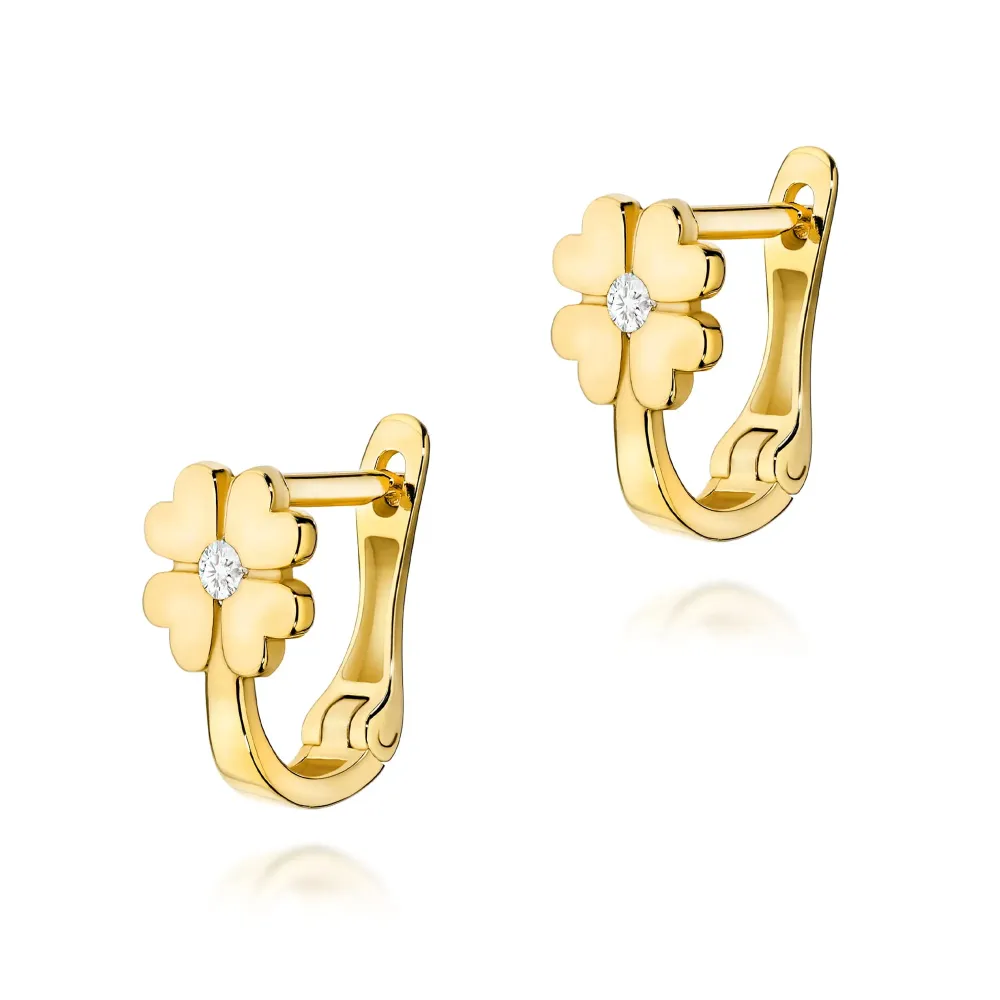 Złote kolczyki koniczynki z brylantami 0,06ct K0060