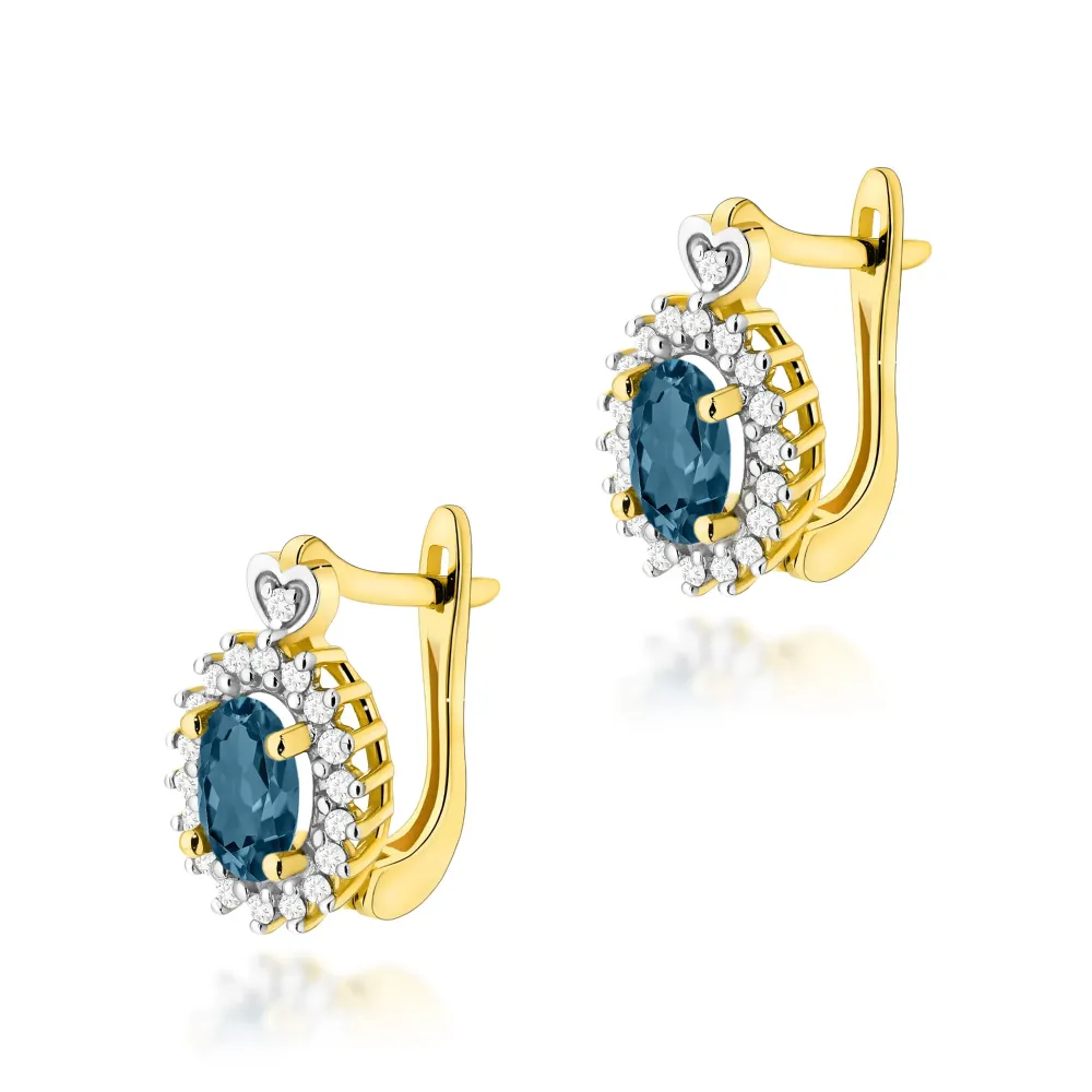 Złote kolczyki z topazem London Blue 1,00ct i brylantami 0,19ct K0312
