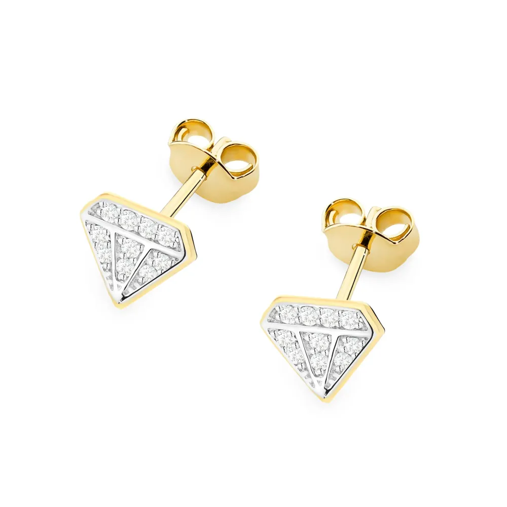 Złote kolczyki w kształcie diamentów z brylantami 0,10ct K0504