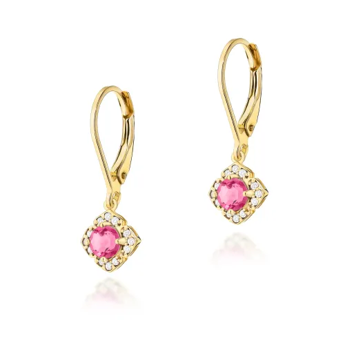 Złote kolczyki z różowym topazem 0,60ct i brylantami 0,12ct K0571