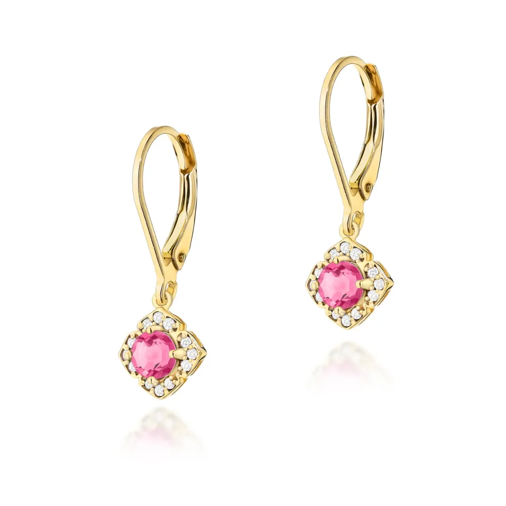 Złote kolczyki z różowym topazem 0,60ct i brylantami 0,12ct K0571