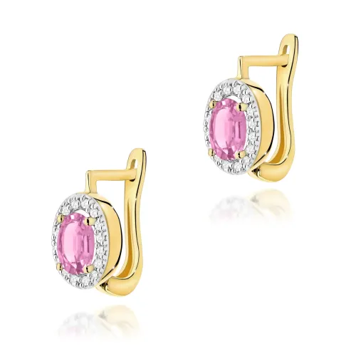 Złote kolczyki z różowym szafirem 0,90ct i brylantami 0,16ct K0574