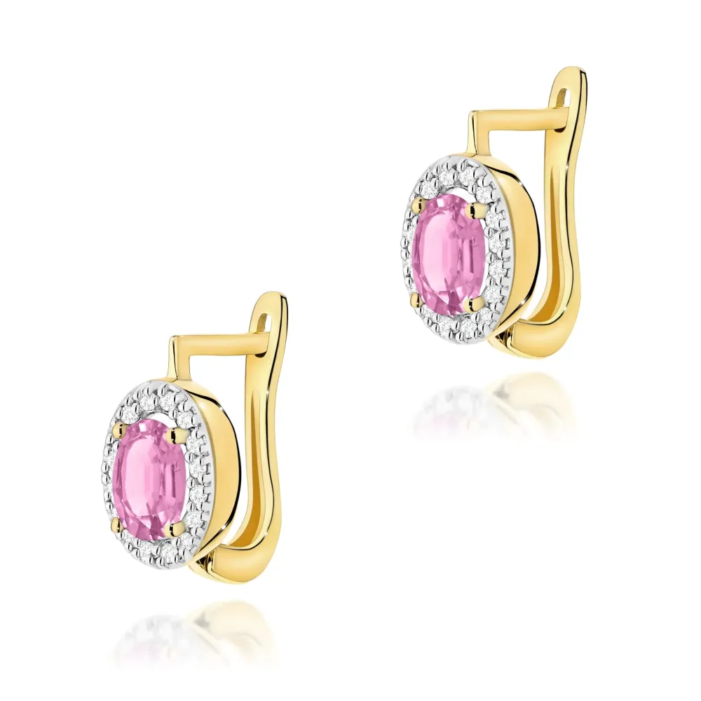 Złote kolczyki z różowym szafirem 0,90ct i brylantami 0,16ct K0574