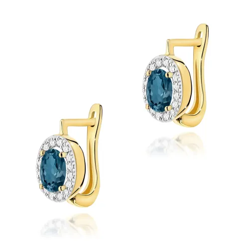 Złote kolczyki z topazem London Blue 1,00ct i brylantami 0,16ct K0574