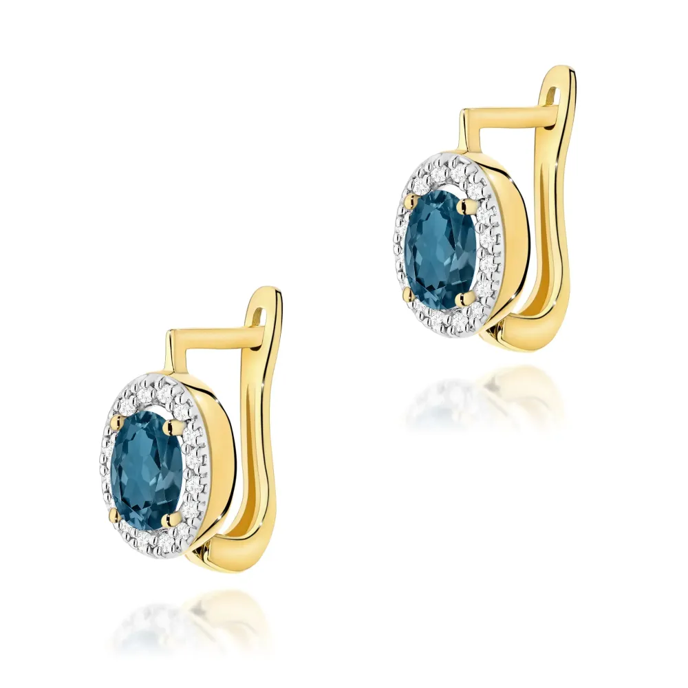 Złote kolczyki z topazem London Blue 1,00ct i brylantami 0,16ct K0574
