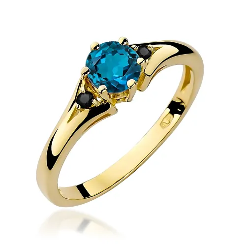 Złoty pierścionek z Topazem London Blue 0,50ct i czarnymi diamentami 0,029ct W0076
