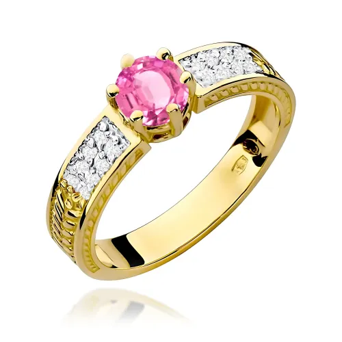 Złoty pierścionek z różowym topazem 0,60ct i brylantami 0,08ct W0075
