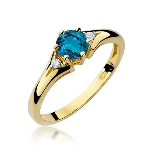 Złoty pierścionek z topazem londn blue 0,50ct i brylantami 0,03ct W0076