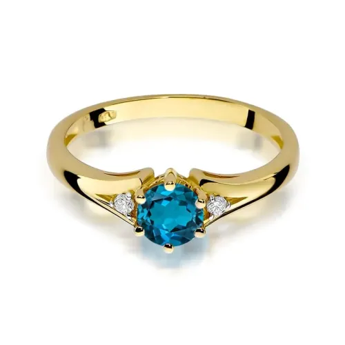 Złoty pierścionek z topazem londn blue 0,50ct i brylantami 0,03ct W0076